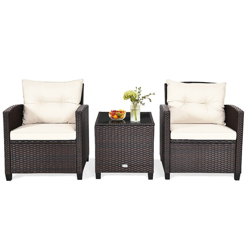 3 Piece Outdoor Wicker Rattan Patio Conversation Set with Washable Cushion & Coffee Table