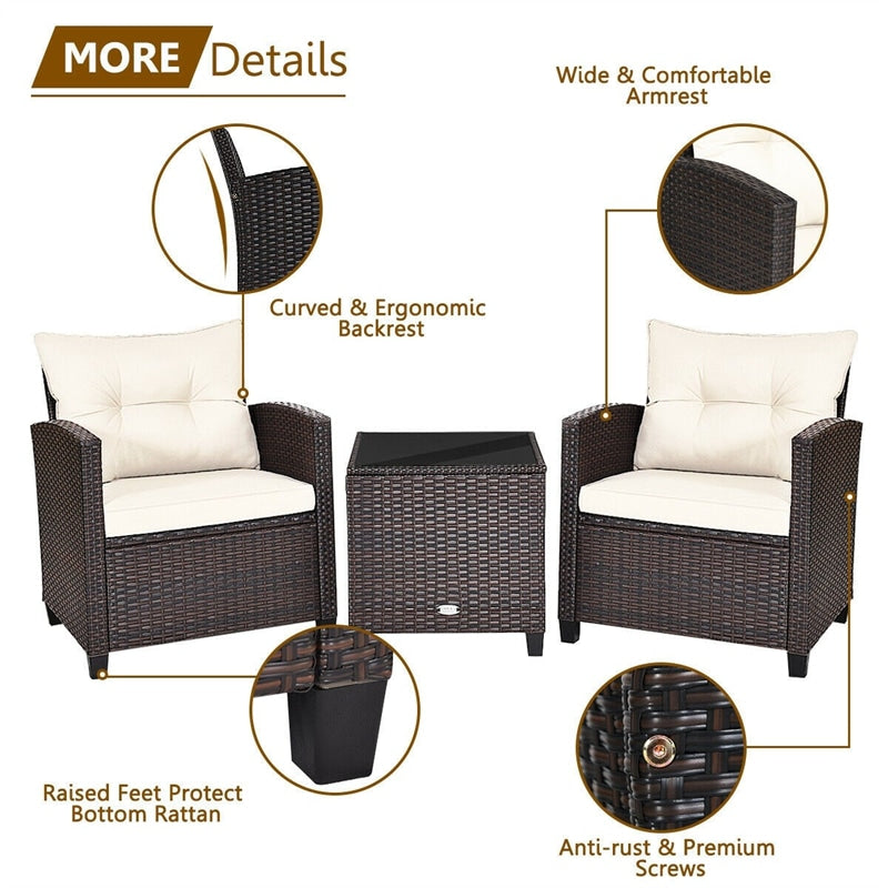 3 Piece Outdoor Wicker Rattan Patio Conversation Set with Washable Cushion & Coffee Table