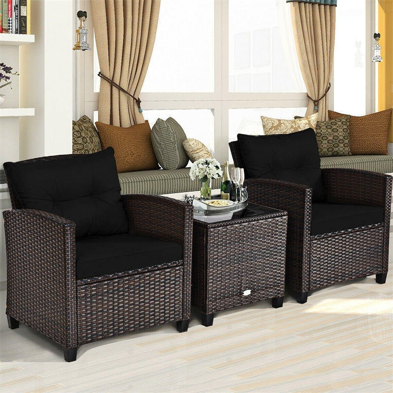 3 Piece Outdoor Wicker Rattan Patio Conversation Set with Washable Cushion & Coffee Table