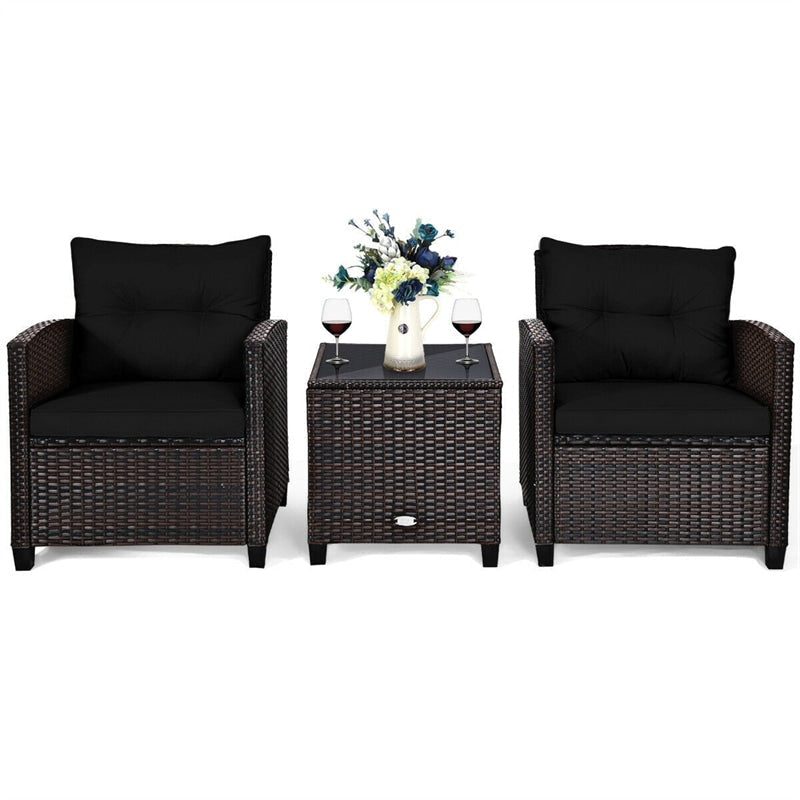 3 Piece Outdoor Wicker Rattan Patio Conversation Set with Washable Cushion & Coffee Table