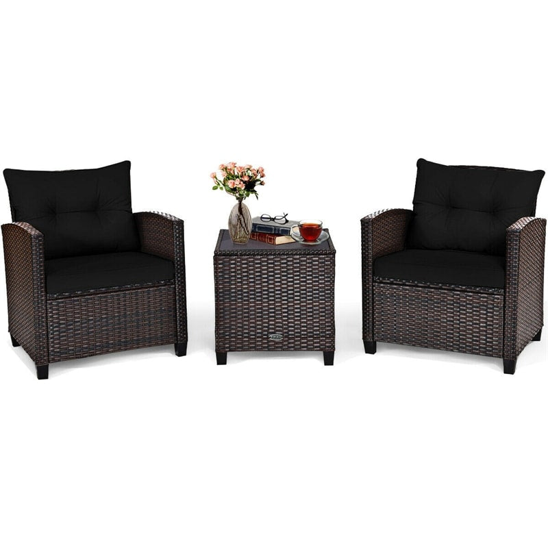 3 Piece Outdoor Wicker Rattan Patio Conversation Set with Washable Cushion & Coffee Table