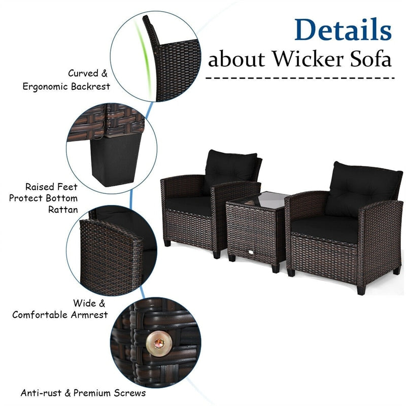 3 Piece Outdoor Wicker Rattan Patio Conversation Set with Washable Cushion & Coffee Table