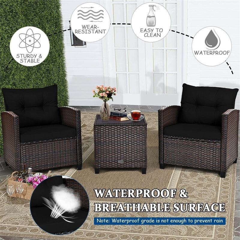 3 Piece Outdoor Wicker Rattan Patio Conversation Set with Washable Cushion & Coffee Table