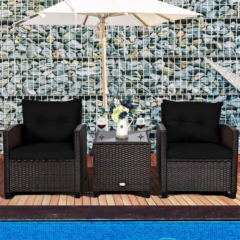 3 Piece Outdoor Wicker Rattan Patio Conversation Set with Washable Cushion & Coffee Table