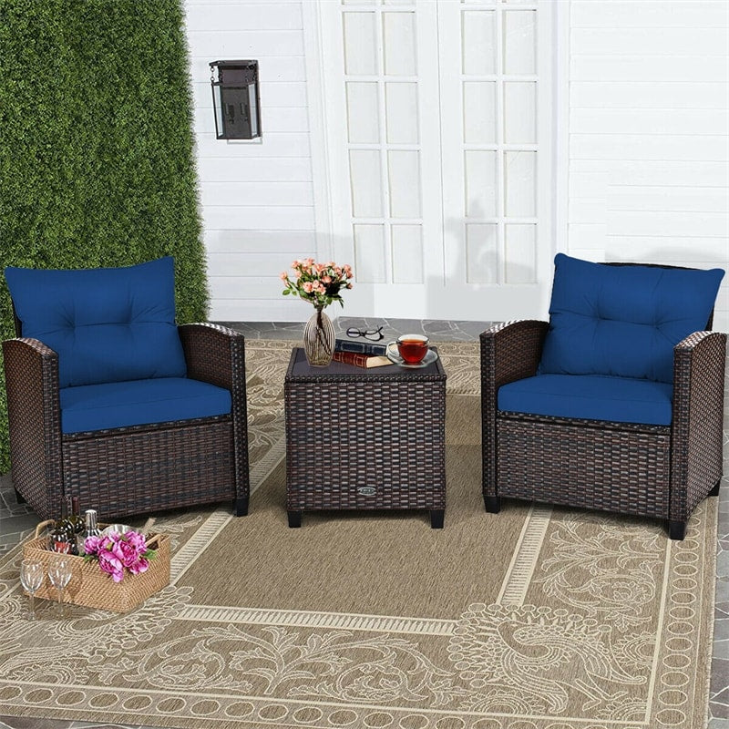 3 Piece Outdoor Wicker Rattan Patio Conversation Set with Washable Cushion & Coffee Table