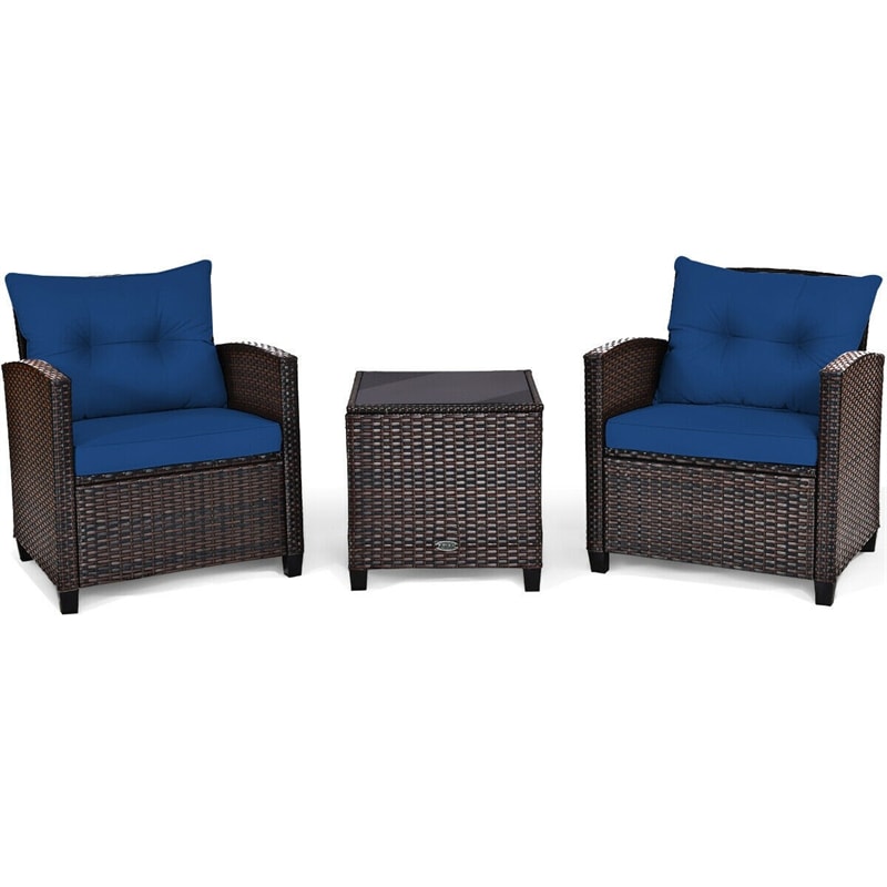 3 Piece Outdoor Wicker Rattan Patio Conversation Set with Washable Cushion & Coffee Table