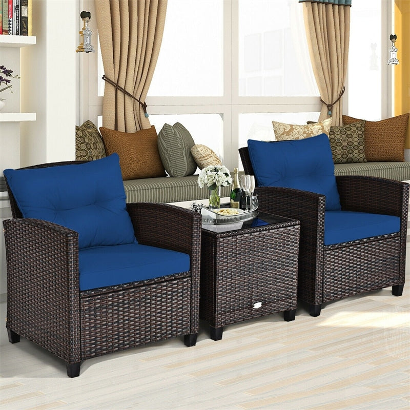 3 Piece Outdoor Wicker Rattan Patio Conversation Set with Washable Cushion & Coffee Table