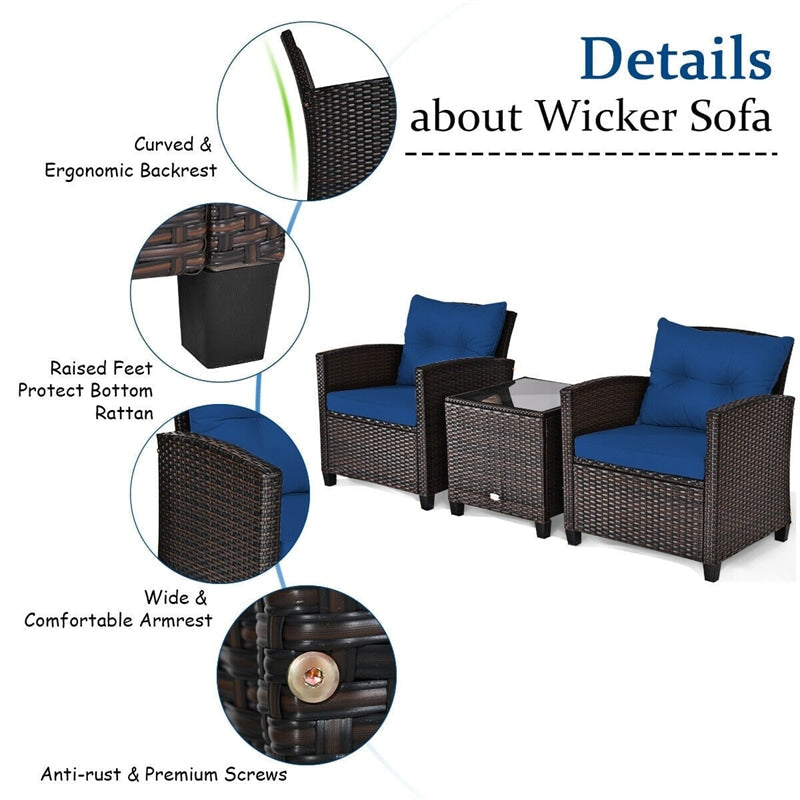 3 Piece Outdoor Wicker Rattan Patio Conversation Set with Washable Cushion & Coffee Table