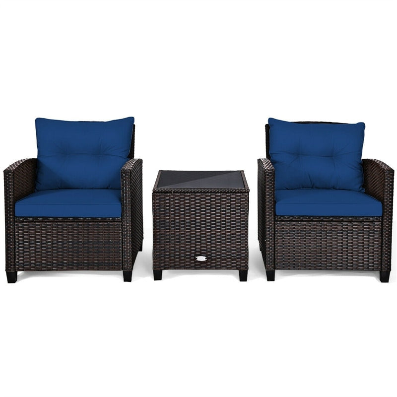 3 Piece Outdoor Wicker Rattan Patio Conversation Set with Washable Cushion & Coffee Table