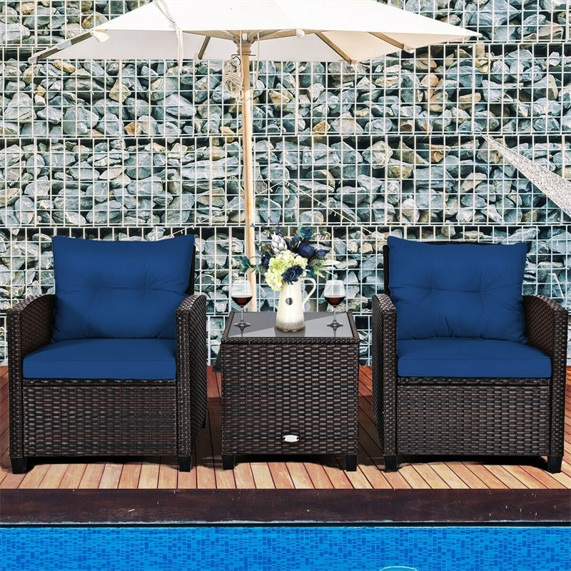 3 Piece Outdoor Wicker Rattan Patio Conversation Set with Washable Cushion & Coffee Table