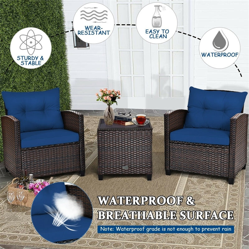 3 Piece Outdoor Wicker Rattan Patio Conversation Set with Washable Cushion & Coffee Table