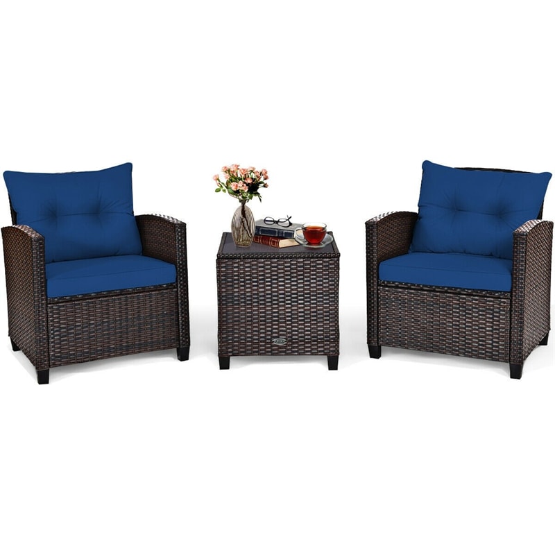 3 Piece Outdoor Wicker Rattan Patio Conversation Set with Washable Cushion & Coffee Table