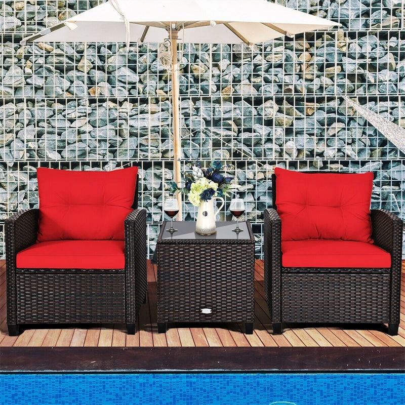 3 Piece Outdoor Wicker Rattan Patio Conversation Set with Washable Cushion & Coffee Table