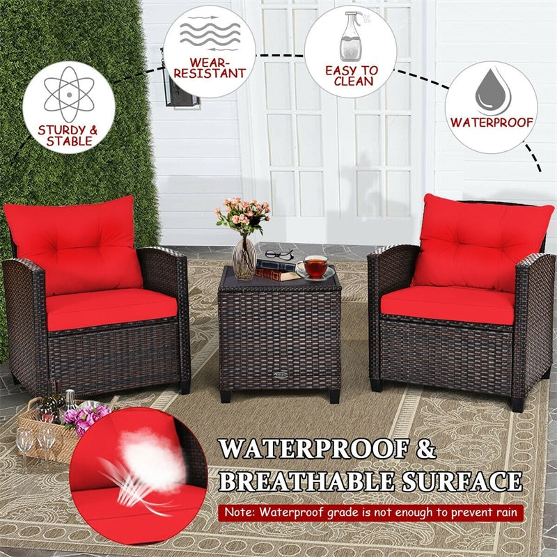 3 Piece Outdoor Wicker Rattan Patio Conversation Set with Washable Cushion & Coffee Table