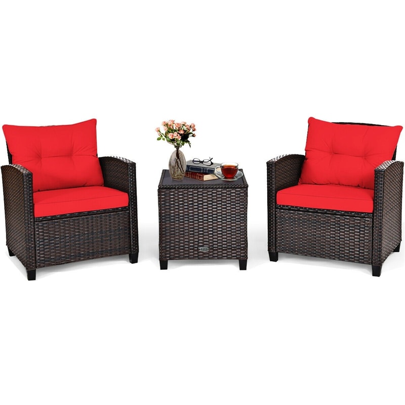 3 Piece Outdoor Wicker Rattan Patio Conversation Set with Washable Cushion & Coffee Table