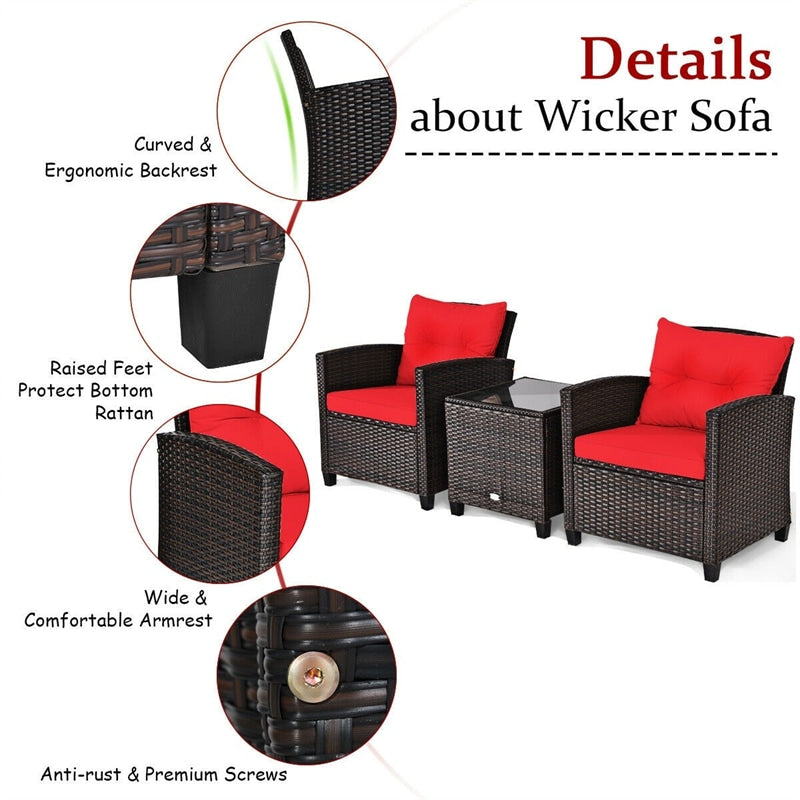 3 Piece Outdoor Wicker Rattan Patio Conversation Set with Washable Cushion & Coffee Table