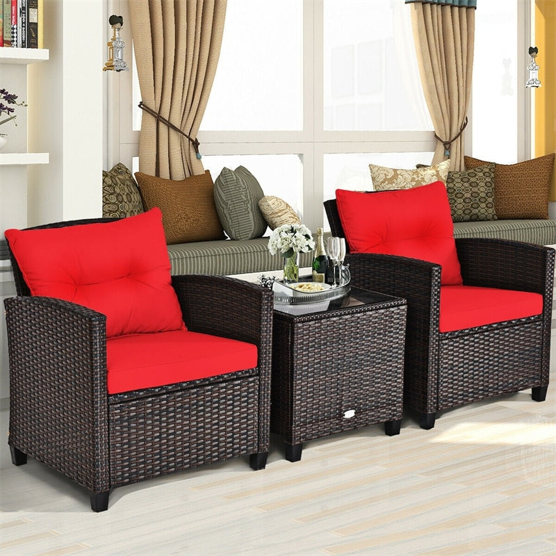 3 Piece Outdoor Wicker Rattan Patio Conversation Set with Washable Cushion & Coffee Table