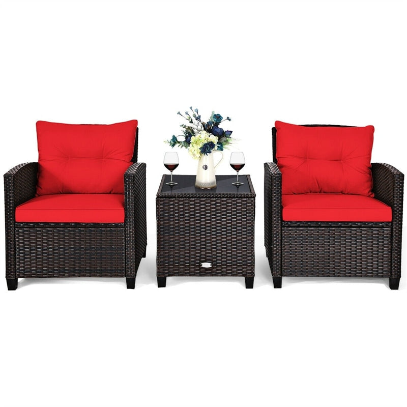 3 Piece Outdoor Wicker Rattan Patio Conversation Set with Washable Cushion & Coffee Table