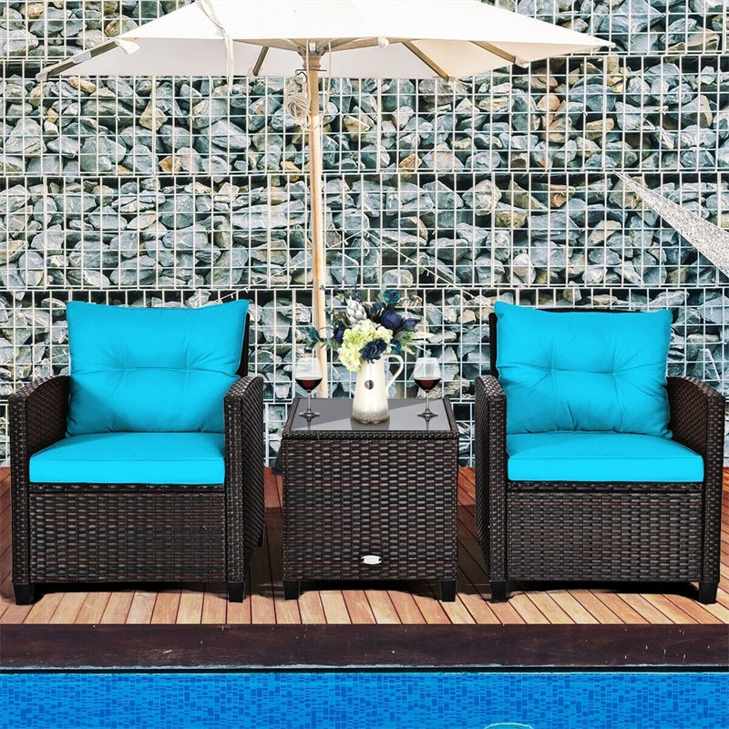 3 Piece Outdoor Wicker Rattan Patio Conversation Set with Washable Cushion & Coffee Table