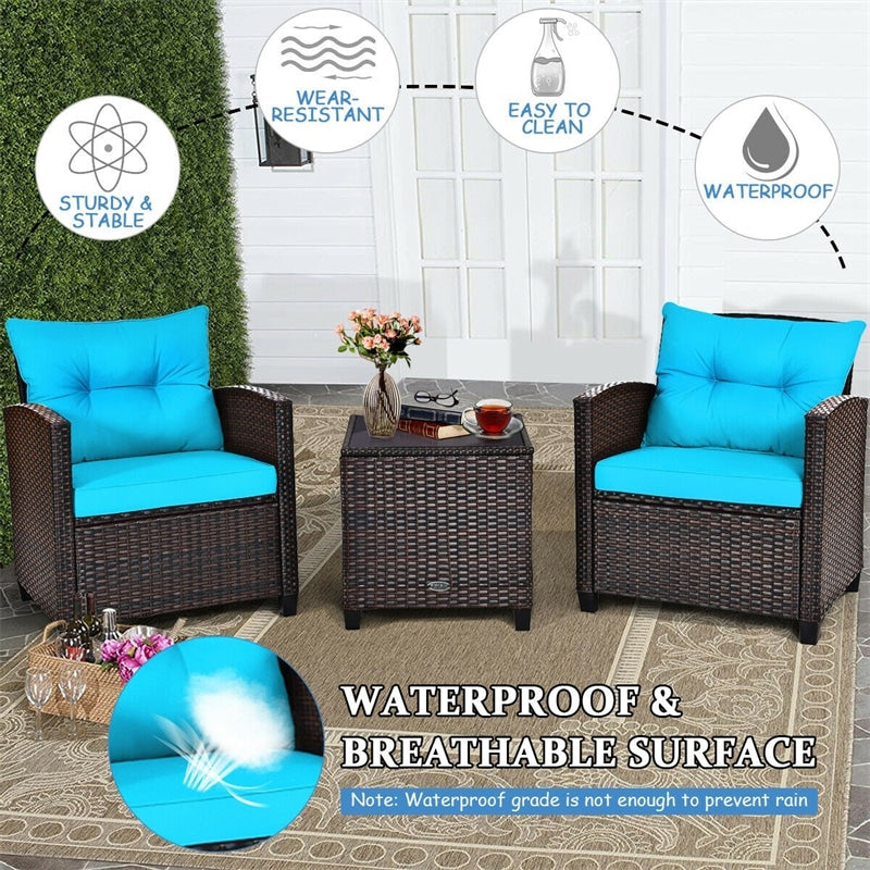 3 Piece Outdoor Wicker Rattan Patio Conversation Set with Washable Cushion & Coffee Table