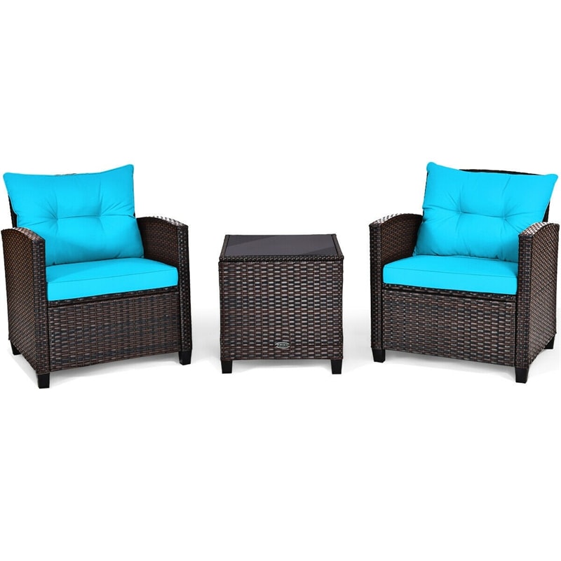 3 Piece Outdoor Wicker Rattan Patio Conversation Set with Washable Cushion & Coffee Table