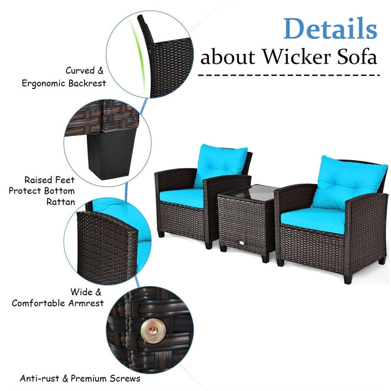 3 Piece Outdoor Wicker Rattan Patio Conversation Set with Washable Cushion & Coffee Table