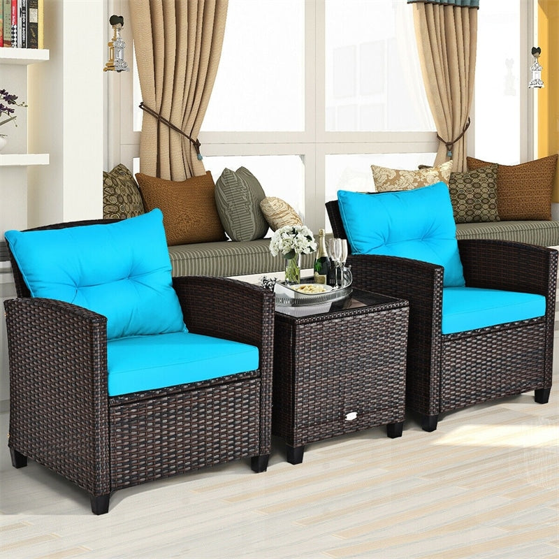 3 Piece Outdoor Wicker Rattan Patio Conversation Set with Washable Cushion & Coffee Table