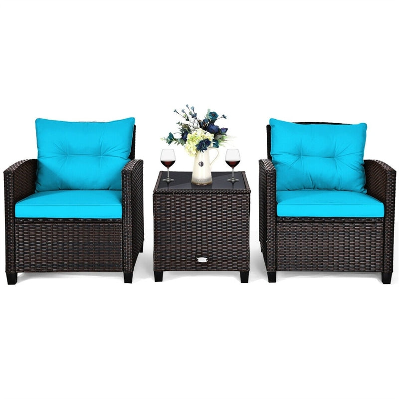 3 Piece Outdoor Wicker Rattan Patio Conversation Set with Washable Cushion & Coffee Table