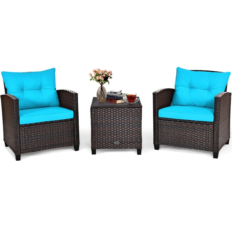 3 Piece Outdoor Wicker Rattan Patio Conversation Set with Washable Cushion & Coffee Table