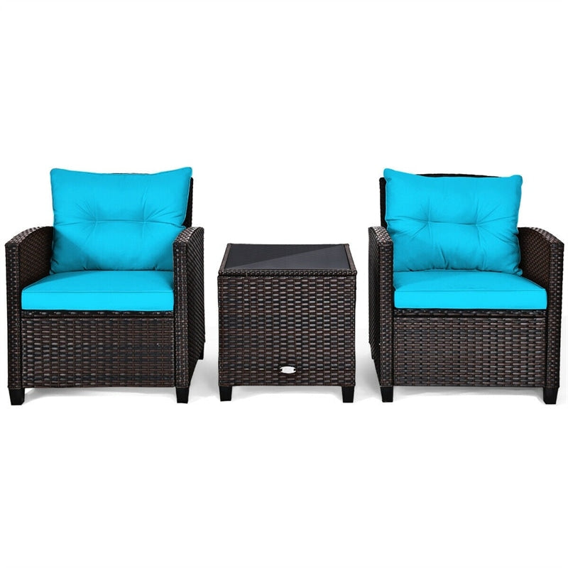 3 Piece Outdoor Wicker Rattan Patio Conversation Set with Washable Cushion & Coffee Table