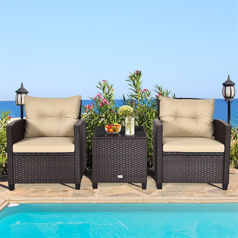 3 Piece Outdoor Wicker Rattan Patio Conversation Set with Washable Cushion & Coffee Table