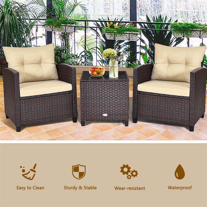 3 Piece Outdoor Wicker Rattan Patio Conversation Set with Washable Cushion & Coffee Table