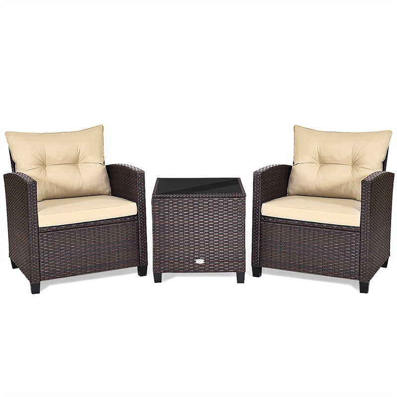 3 Piece Outdoor Wicker Rattan Patio Conversation Set with Washable Cushion & Coffee Table