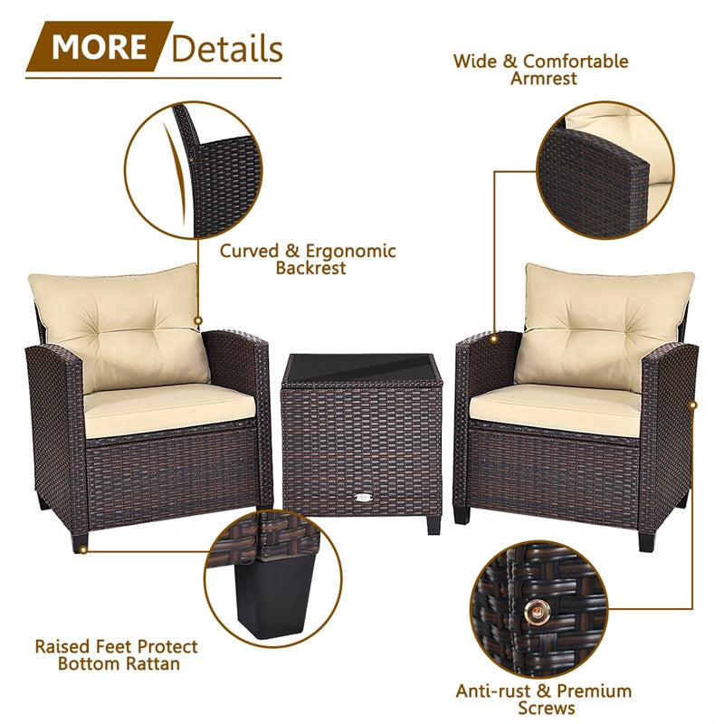 3 Piece Outdoor Wicker Rattan Patio Conversation Set with Washable Cushion & Coffee Table