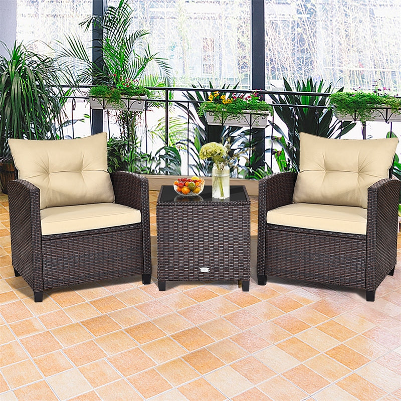 3 Piece Outdoor Wicker Rattan Patio Conversation Set with Washable Cushion & Coffee Table