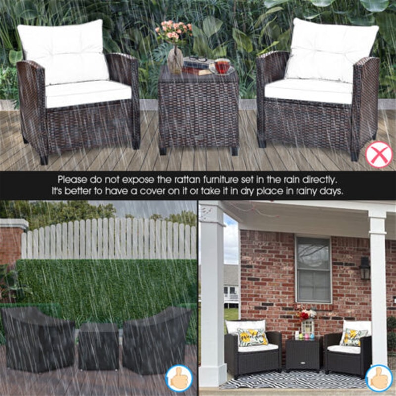 3 Piece Outdoor Wicker Rattan Patio Conversation Set with Washable Cushion & Coffee Table