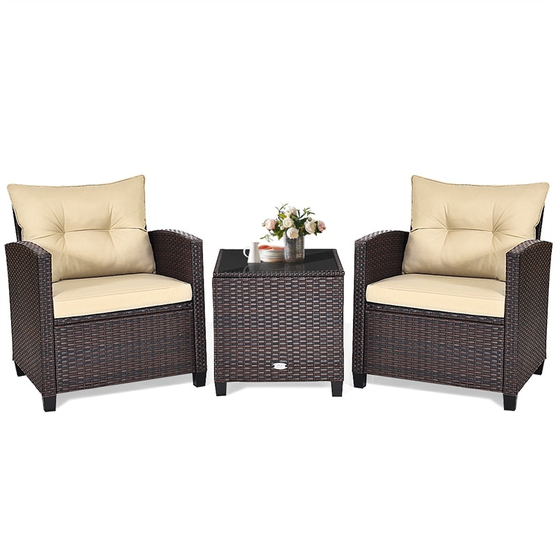 3 Piece Outdoor Wicker Rattan Patio Conversation Set with Washable Cushion & Coffee Table