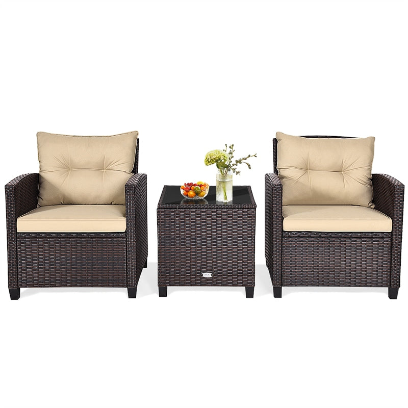 3 Piece Outdoor Wicker Rattan Patio Conversation Set with Washable Cushion & Coffee Table