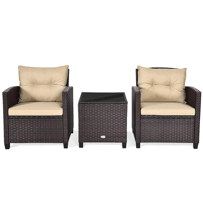 3 Piece Outdoor Wicker Rattan Patio Conversation Set with Washable Cushion & Coffee Table