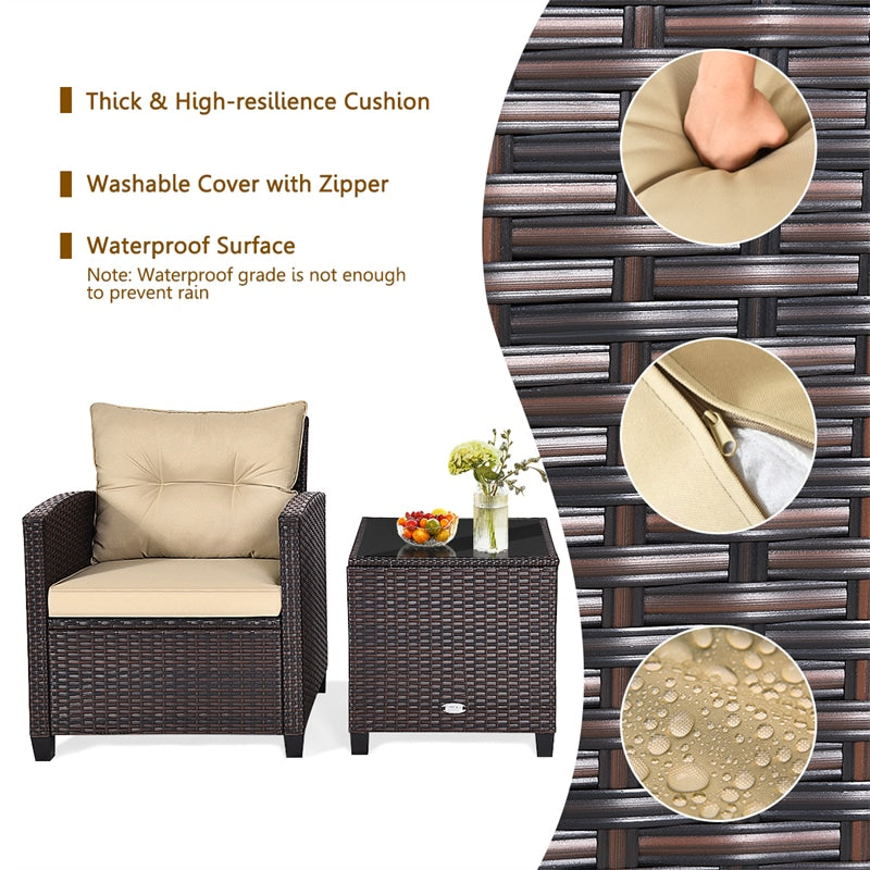 3 Piece Outdoor Wicker Rattan Patio Conversation Set with Washable Cushion & Coffee Table