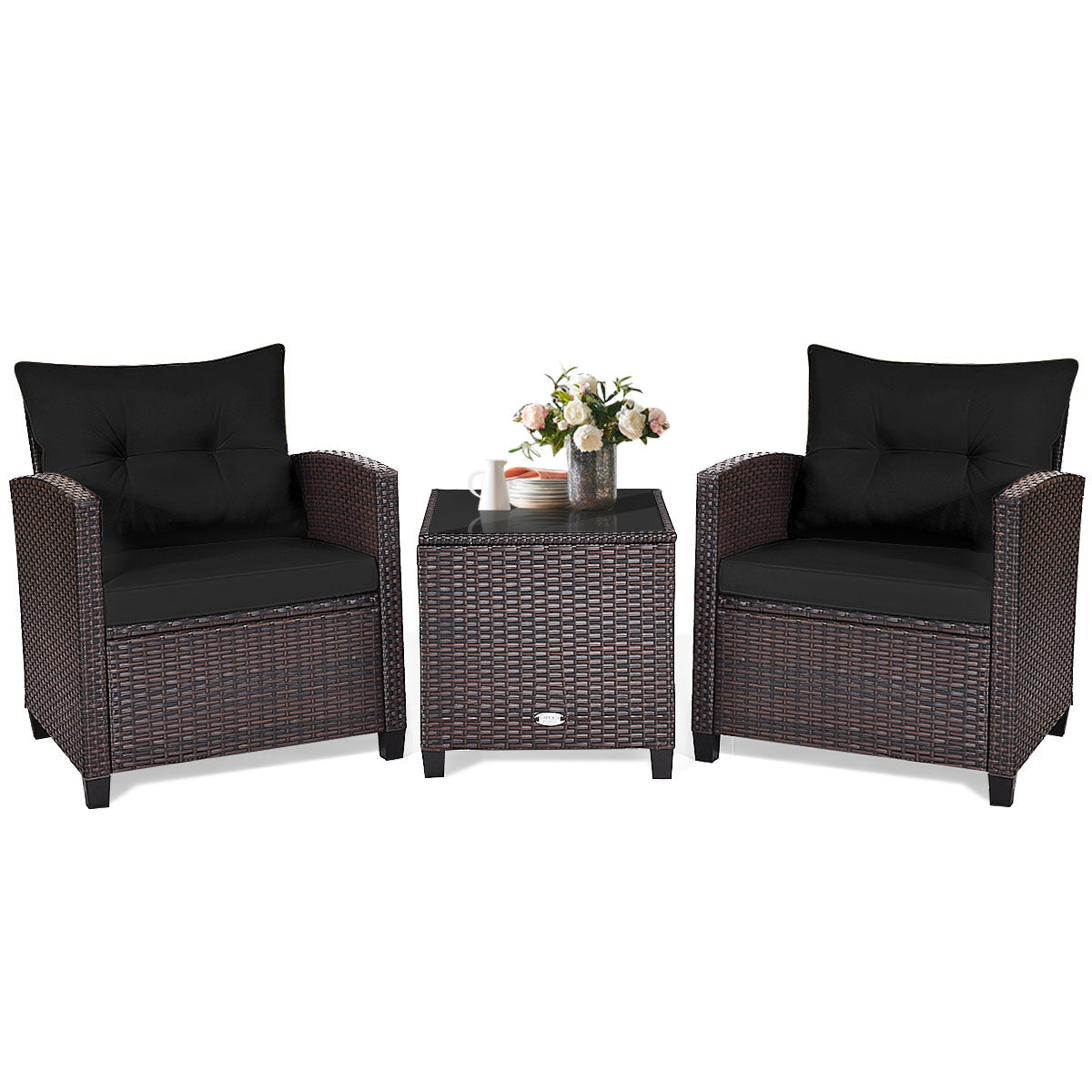 3 Pieces Rattan Patio Furniture Set with Easy-to-clean Cushions