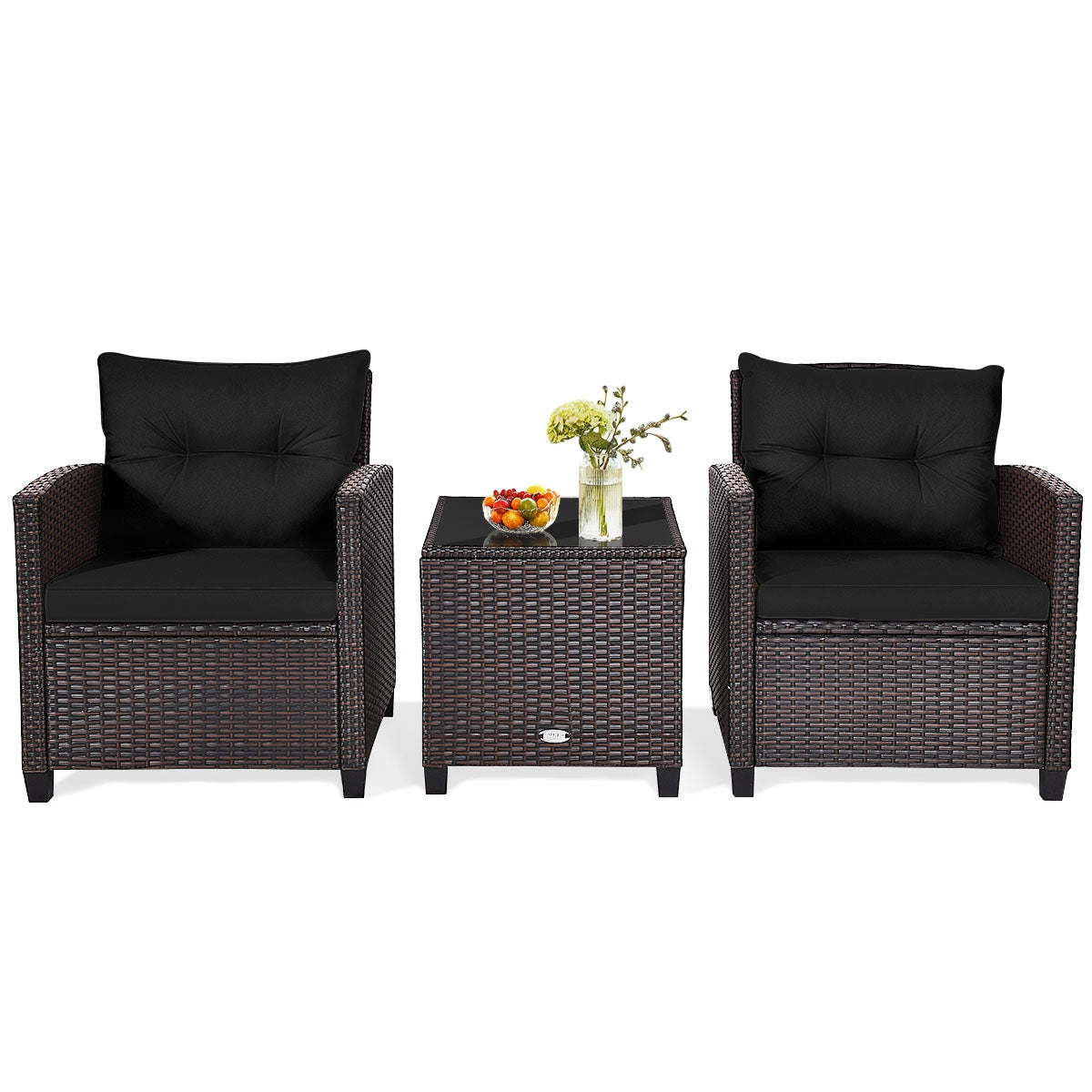 3 Pieces Rattan Patio Furniture Set with Easy-to-clean Cushions