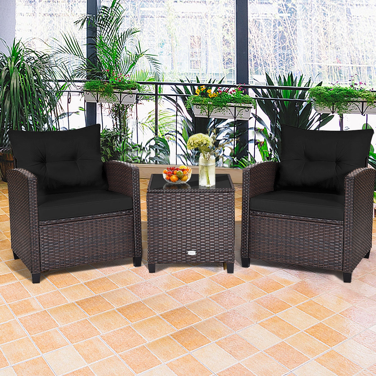 3 Pieces Rattan Patio Furniture Set with Easy-to-clean Cushions