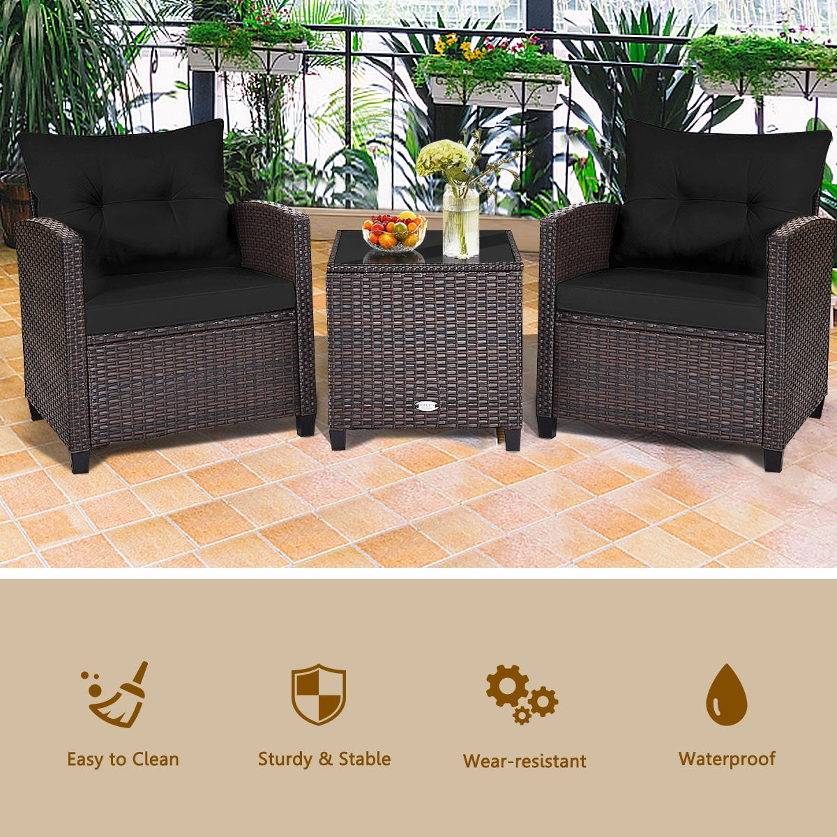 3 Pieces Rattan Patio Furniture Set with Easy-to-clean Cushions