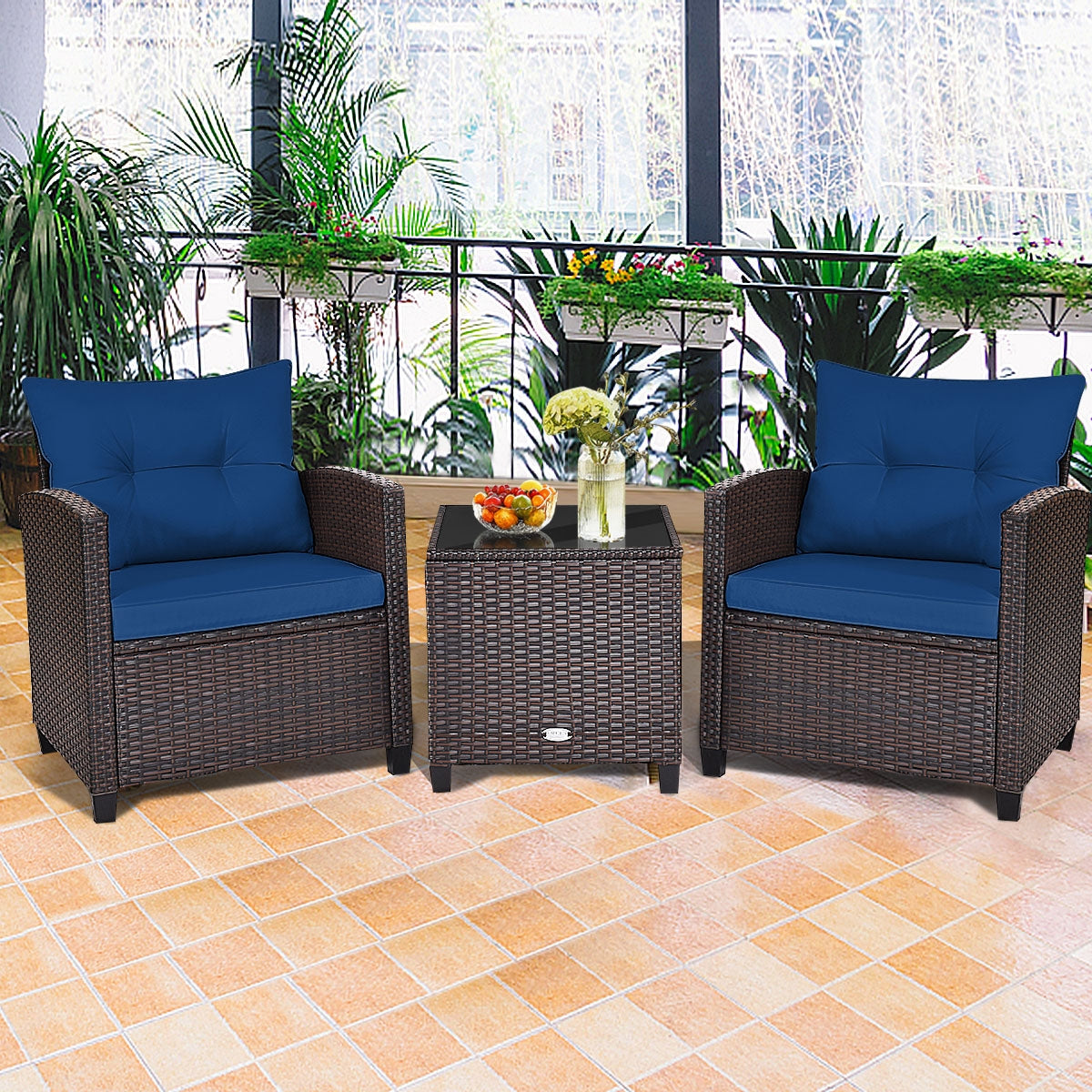 3 Pieces Rattan Patio Furniture Set with Easy-to-clean Cushions