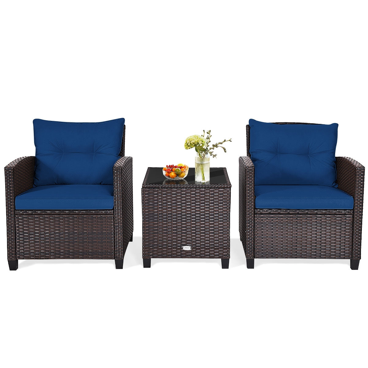 3 Pieces Rattan Patio Furniture Set with Easy-to-clean Cushions