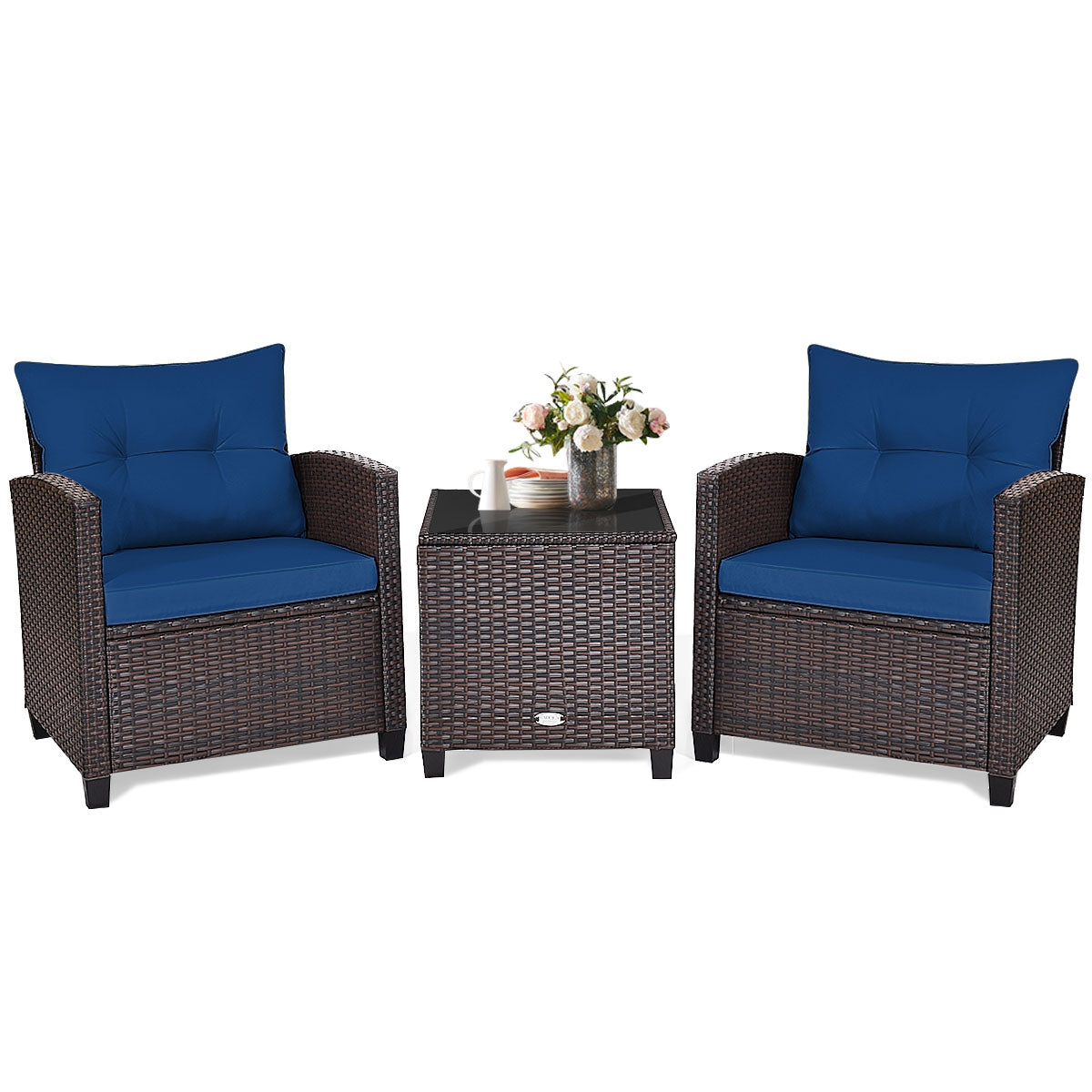 3 Pieces Rattan Patio Furniture Set with Easy-to-clean Cushions