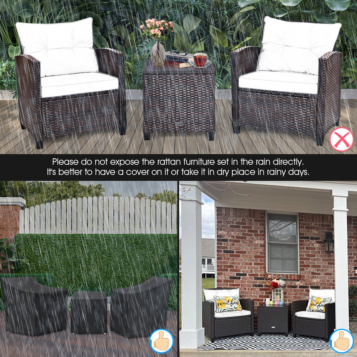 3 Pieces Rattan Patio Furniture Set with Easy-to-clean Cushions