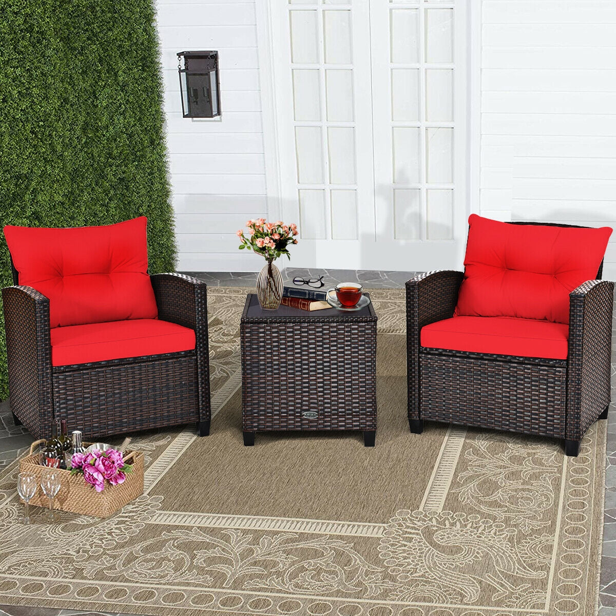 3 Pieces Rattan Patio Furniture Set with Easy-to-clean Cushions