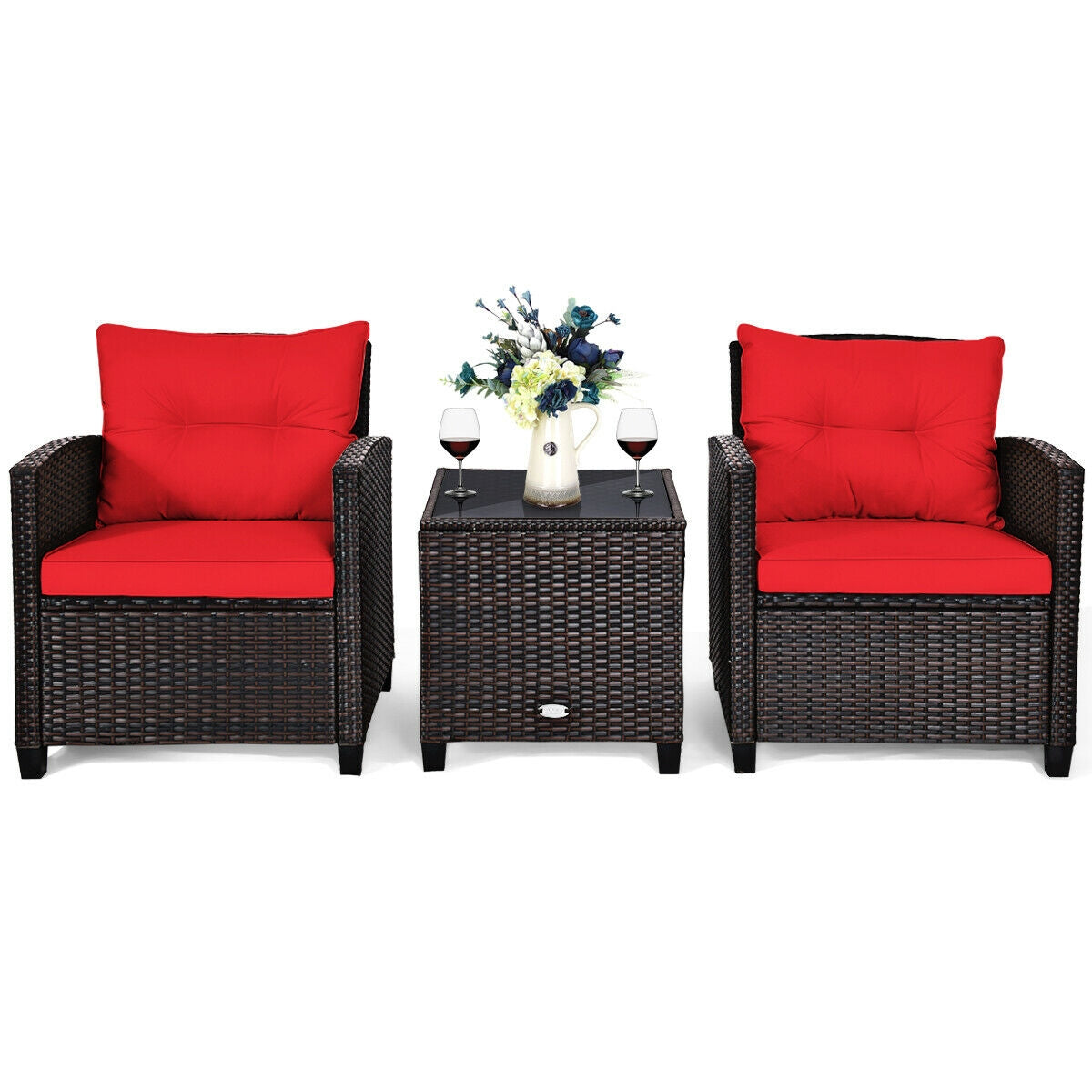 3 Pieces Rattan Patio Furniture Set with Easy-to-clean Cushions